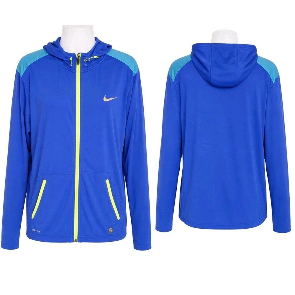Nike Dri-FIT Men's 2XL Blue Full Zip Hooded Running Jacket Neon Yellow...